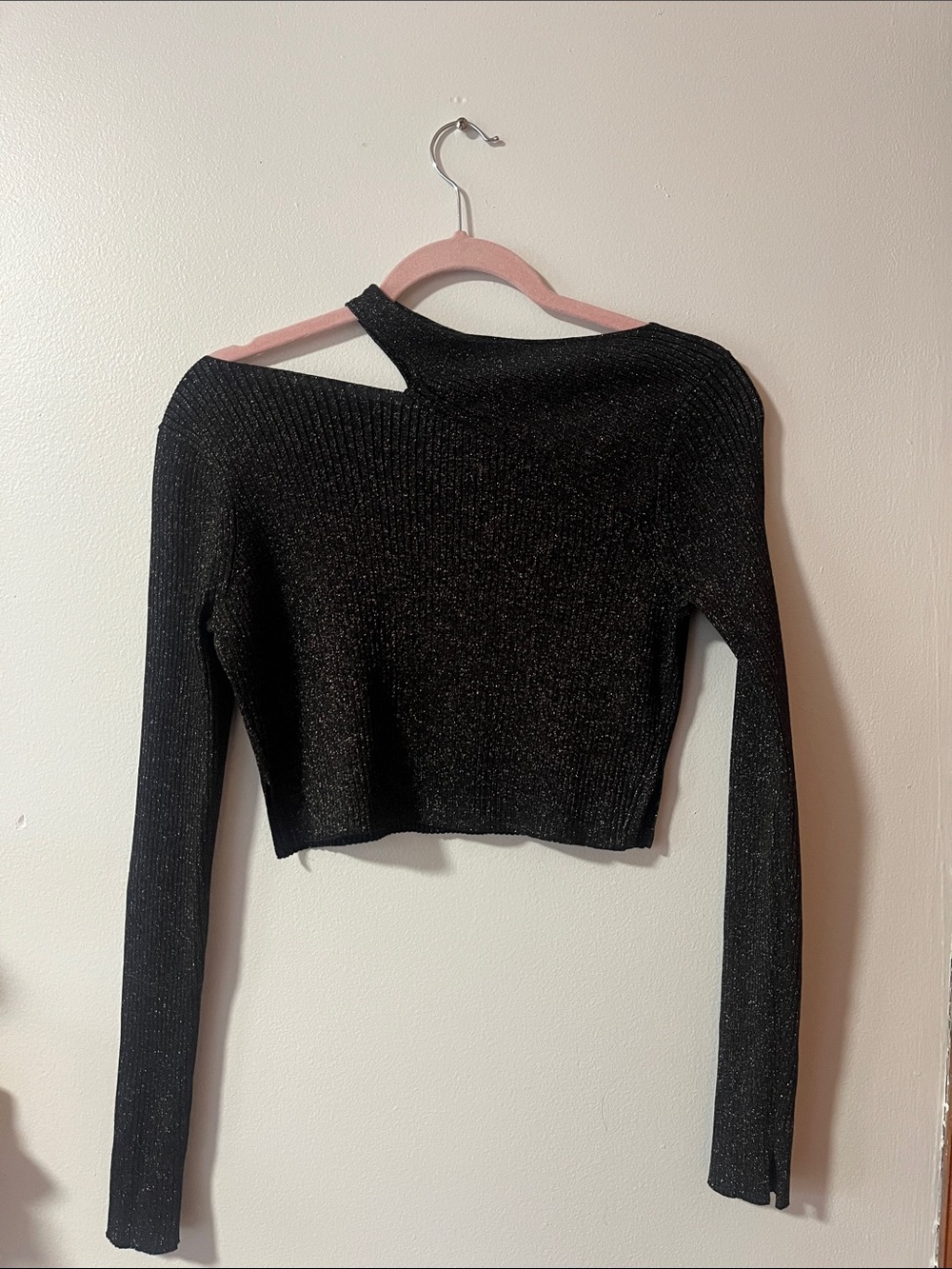 AllSaints Black Metallic Ribbed Cropped Top